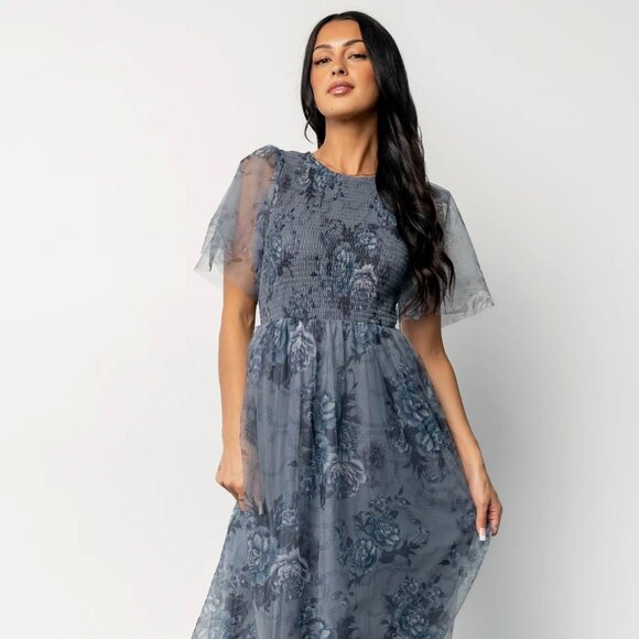 Baltic Born Dresses & Skirts - Baltic Born Josie Tulle Midi Dress, Dusty Blue Floral, Size M